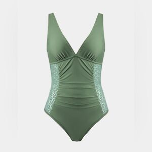 CUPSHE Green One Piece Ruched Lace Cutout Swimsuit Sz S